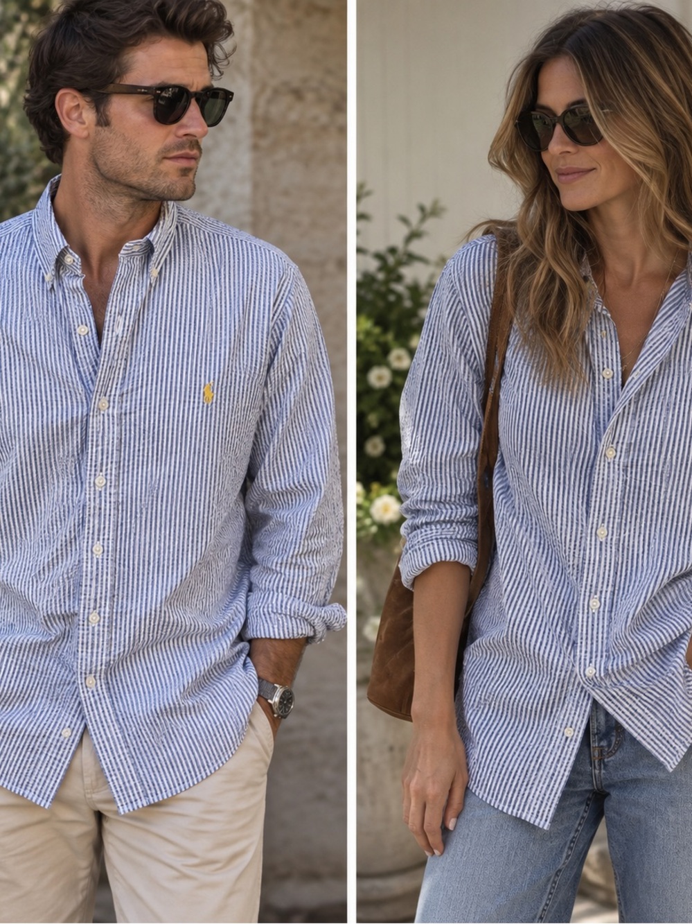 Polo by Ralph Lauren Blue/White Striped Searsucker Button-Down Shirt